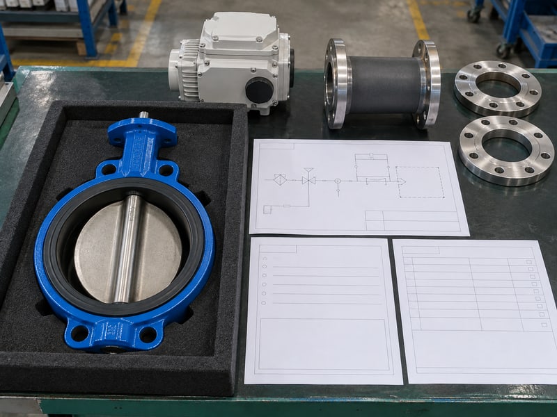 motorized butterfly valve manufacturers: illustrative unassembled valve and actuator beside separate pipe parts and anonymous procurement input sheets