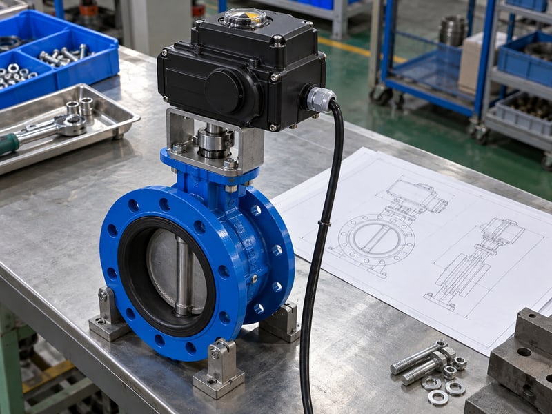 motorized butterfly valve specification: illustrative supported electric butterfly valve with coupling, sealed cable entry and assembly documents