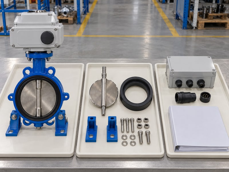 motorized butterfly valve specification: illustrative three-part specification photo matrix with valve, wetted parts and controller folder