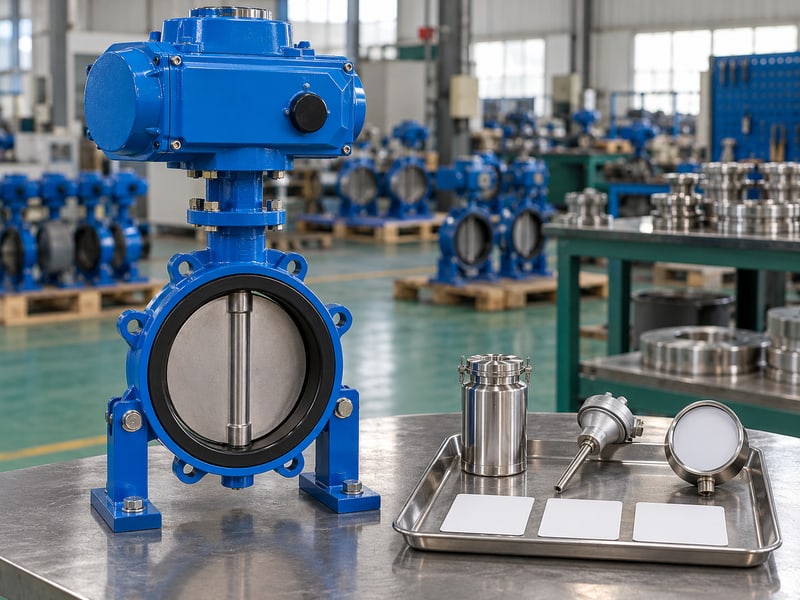 motorized butterfly valve specification: illustrative valve beside sealed sample container, temperature probe and blank pressure instrument