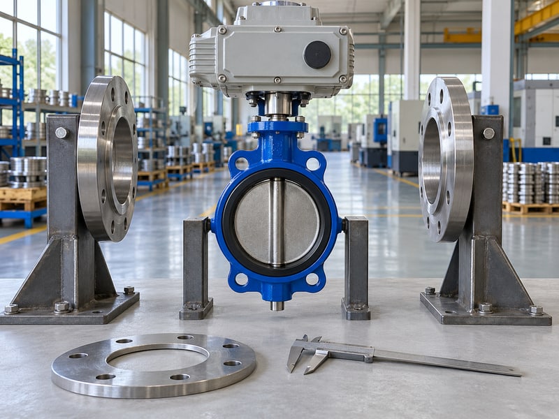 motorized butterfly valve specification: illustrative supported wafer valve beside companion flanges and hole-pattern template
