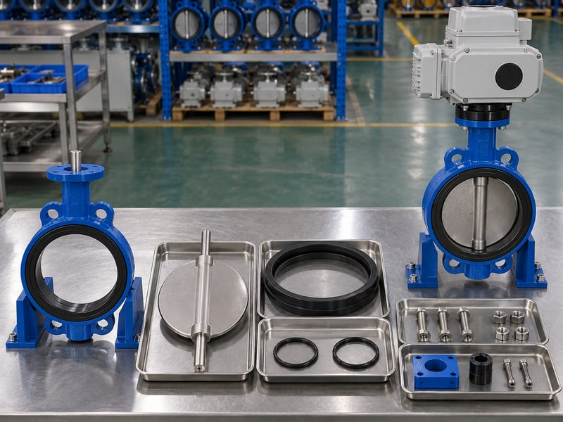 motorized butterfly valve specification: illustrative separate butterfly body, disc, shaft, seat and auxiliary seals on trays