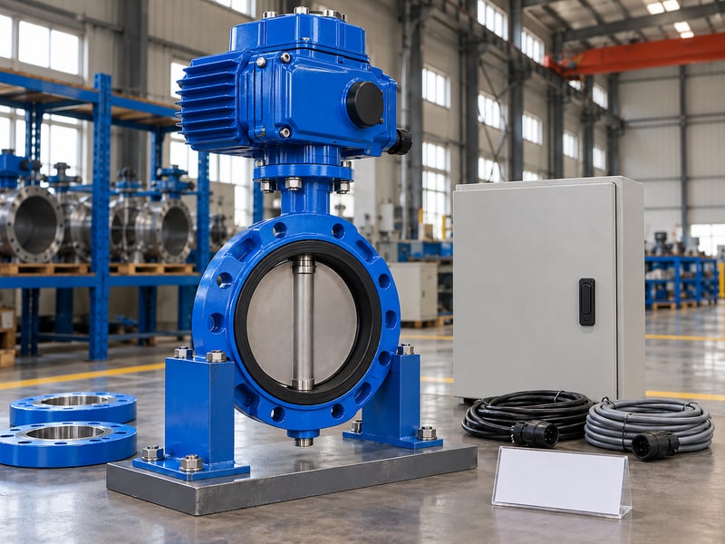 motorized butterfly valve specification: illustrative closed actuator assembly with isolated supply box and coiled cables