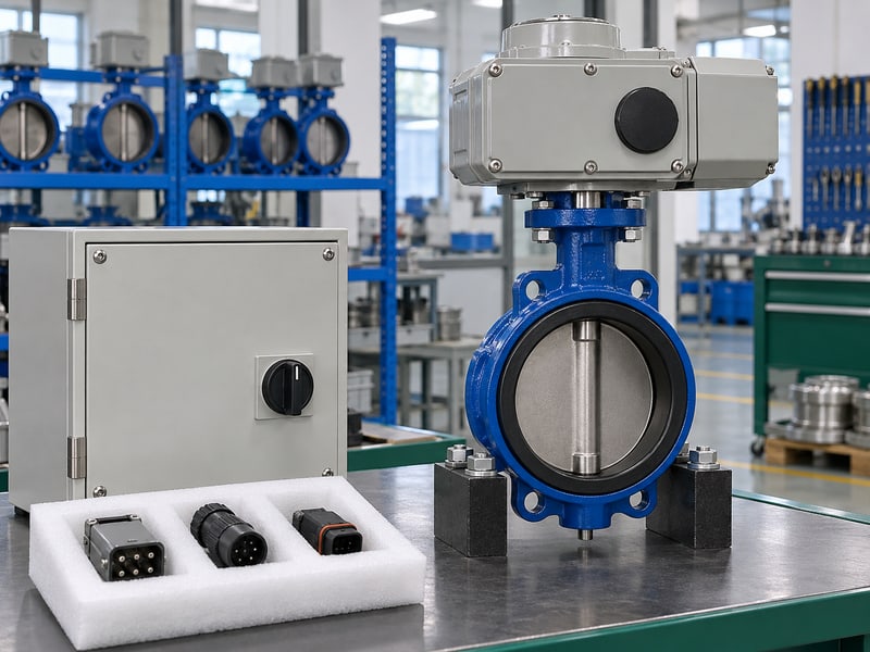 motorized butterfly valve specification: illustrative unplugged signal connectors and selector beside closed controller and valve
