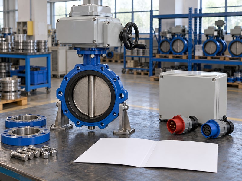 motorized butterfly valve specification: illustrative closed valve drive, enclosed reserve option and separate disconnected connectors