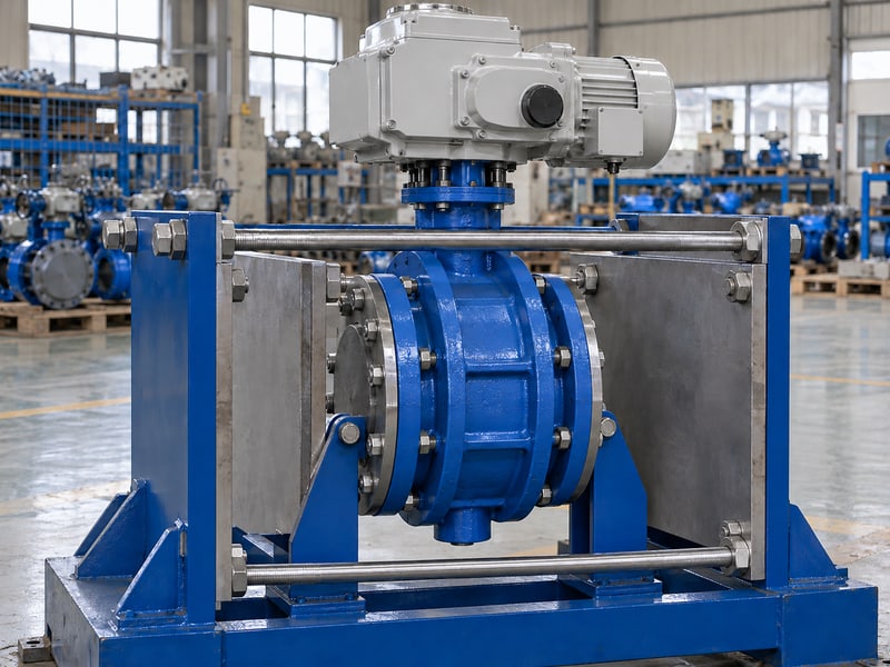 motorized butterfly valve specification: illustrative opaque valve in a restrained fixture with closed end plates