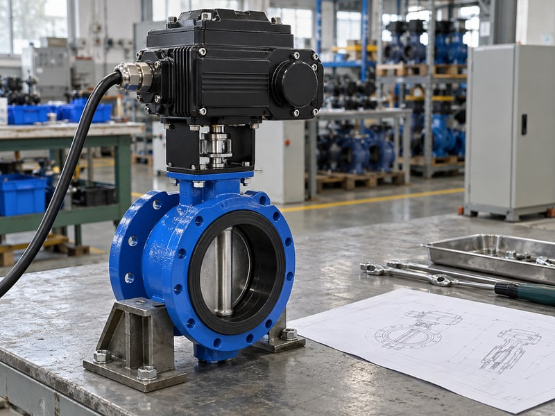 motorized butterfly valve symbol: illustrative supported electric butterfly valve with coupling, sealed cable entry and assembly documents