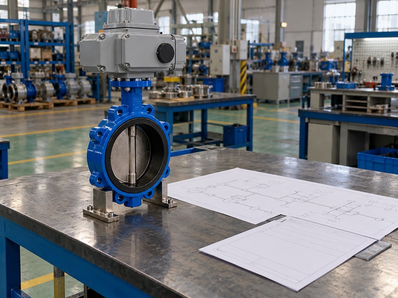 motorized butterfly valve symbol: illustrative electric butterfly valve assembly beside anonymous process-line drawings and a blank equipment sheet