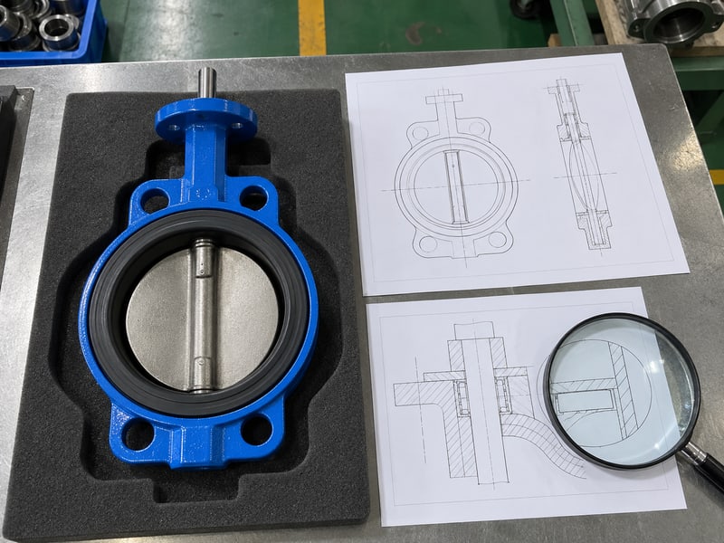 motorized butterfly valve symbol: illustrative unmounted butterfly-valve body in a padded tray beside anonymous drawings and a magnifier