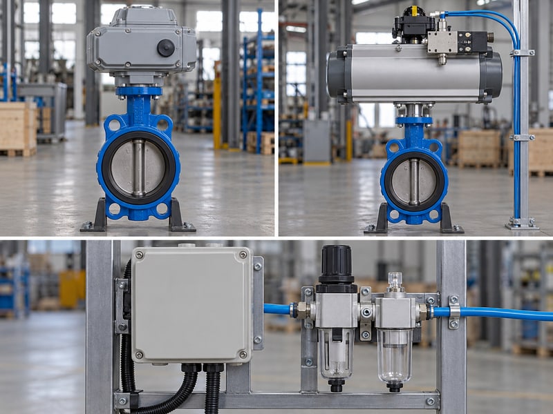 motorized butterfly valve symbol: illustrative photo matrix of electric and pneumatic valve operators, a closed command box and an air-service unit