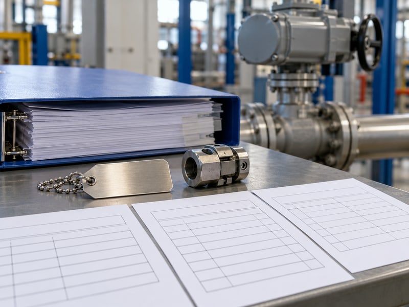 motorized butterfly valve symbol: illustrative unmarked stainless-steel equipment tag beside three blank record sheets and a folder