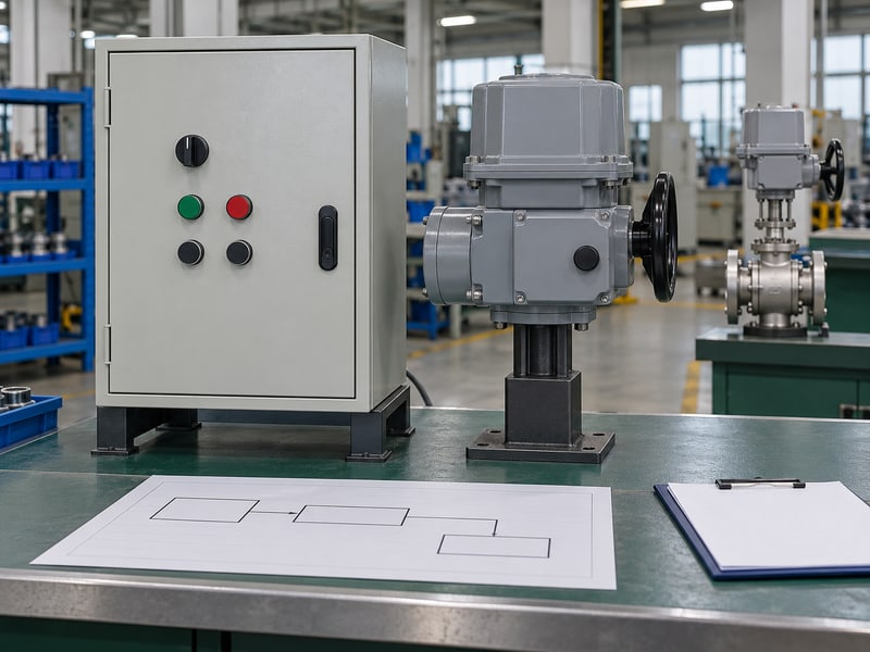motorized butterfly valve symbol: illustrative closed local control cabinet and separate actuator beside an anonymous signal-record drawing