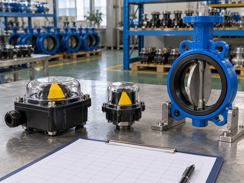 motorized butterfly valve symbol: illustrative closed position-switch box and separate indicator component beside an isolated valve sample and blank signal sheet