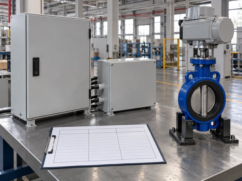 motorized butterfly valve symbol: illustrative closed control enclosures and an electric valve assembly beside a blank response-review matrix