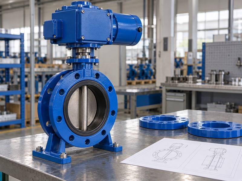 motorized butterfly valve symbol: illustrative supported flanged electric valve beside separate companion flanges and anonymous assembly drawings