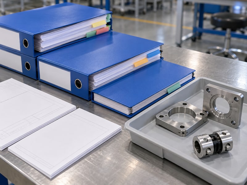 motorized butterfly valve symbol: illustrative unmarked document folders beside separate mounting plates and a coupling in a parts tray