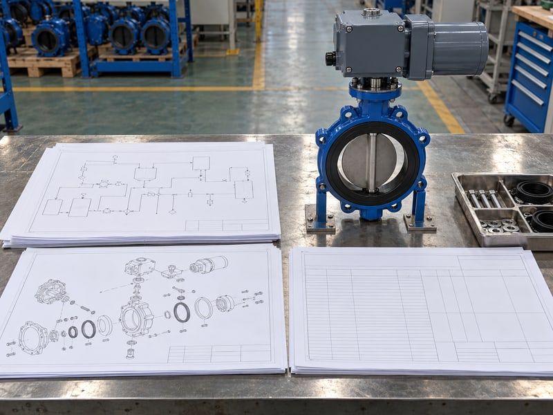motorized butterfly valve symbol: illustrative electric valve assembly with separate anonymous process, mechanical and electrical record sheets