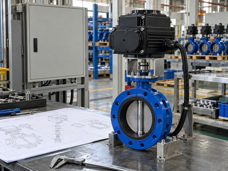 motorized butterfly valve wiring diagram: illustrative supported electric butterfly valve with coupling, sealed cable entry and assembly documents