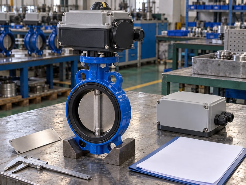 motorized butterfly valve wiring diagram: illustrative electric butterfly valve beside a closed control box and plain folder