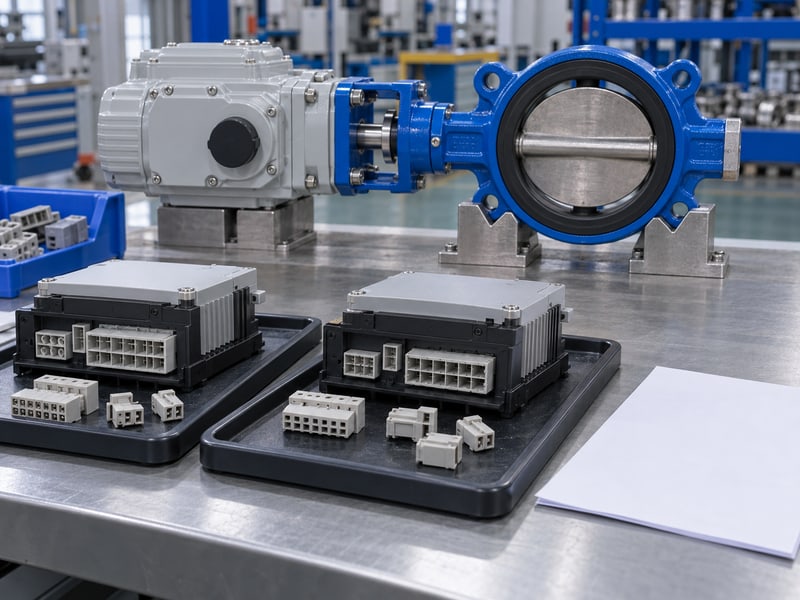 motorized butterfly valve wiring diagram: illustrative separate unplugged controller and actuator interface modules on trays