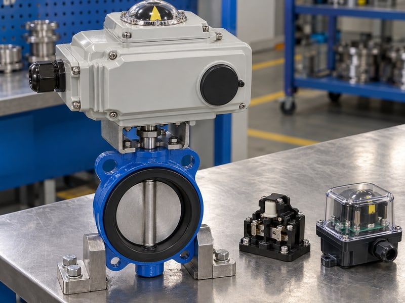 motorized butterfly valve wiring diagram: illustrative mechanical position window beside isolated limit and feedback modules