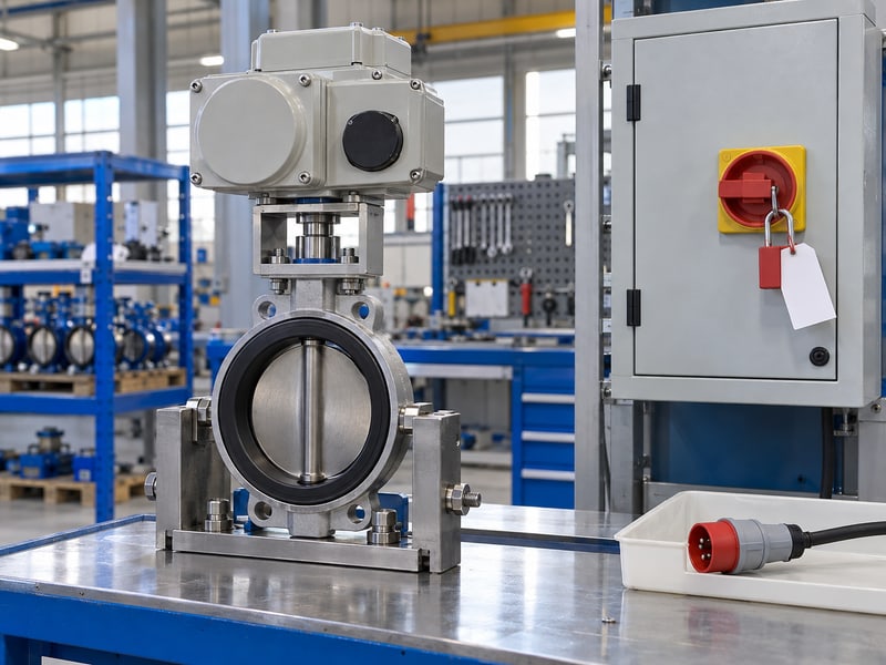 motorized butterfly valve wiring diagram: illustrative unplugged power lead and locked closed cabinet beside supported valve