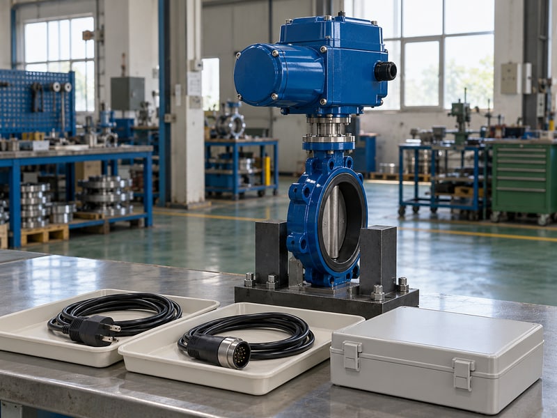 motorized butterfly valve wiring diagram: illustrative separate unplugged power and signal connectors beside an enclosed option box