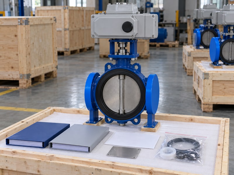 motorized butterfly valve wiring diagram: illustrative electric valve on a packing base beside plain folders and bagged seals