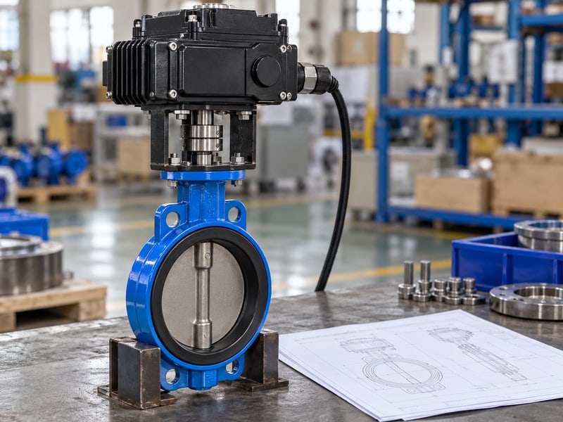 motorized wafer butterfly valve: illustrative supported electric butterfly valve with coupling, sealed cable entry and assembly documents