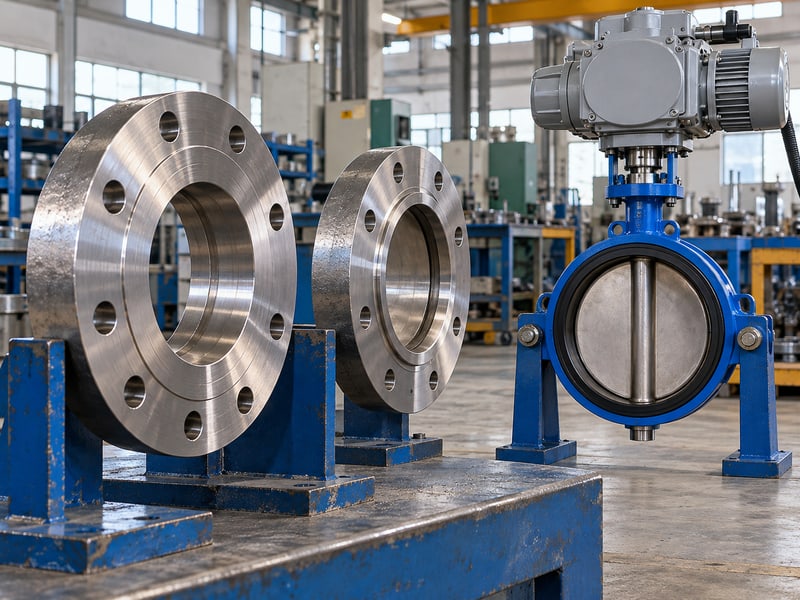 motorized wafer butterfly valve: illustrative companion flange faces and bores beside supported wafer valve
