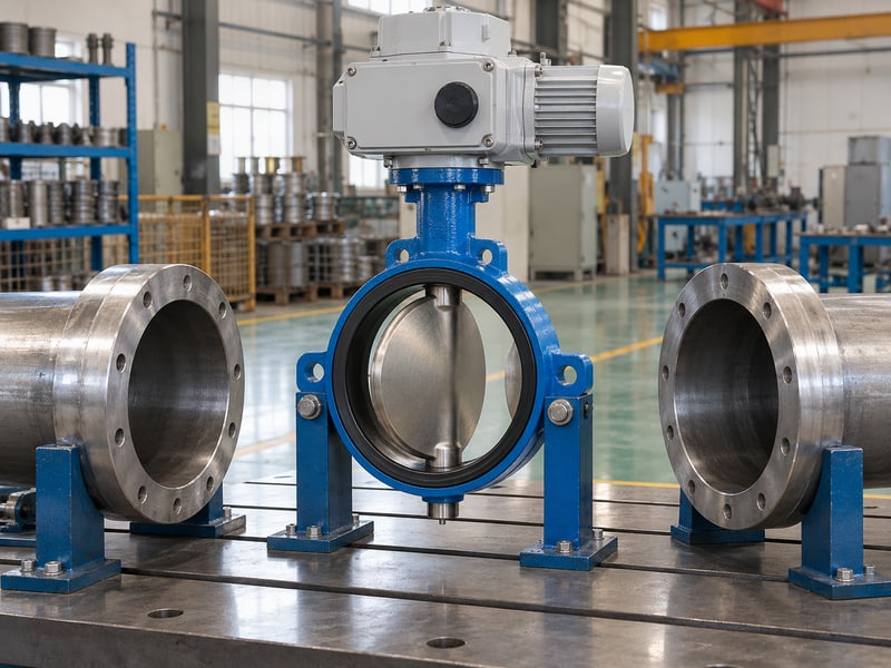 motorized wafer butterfly valve: illustrative partly rotated wafer disc beside independently supported pipe bores