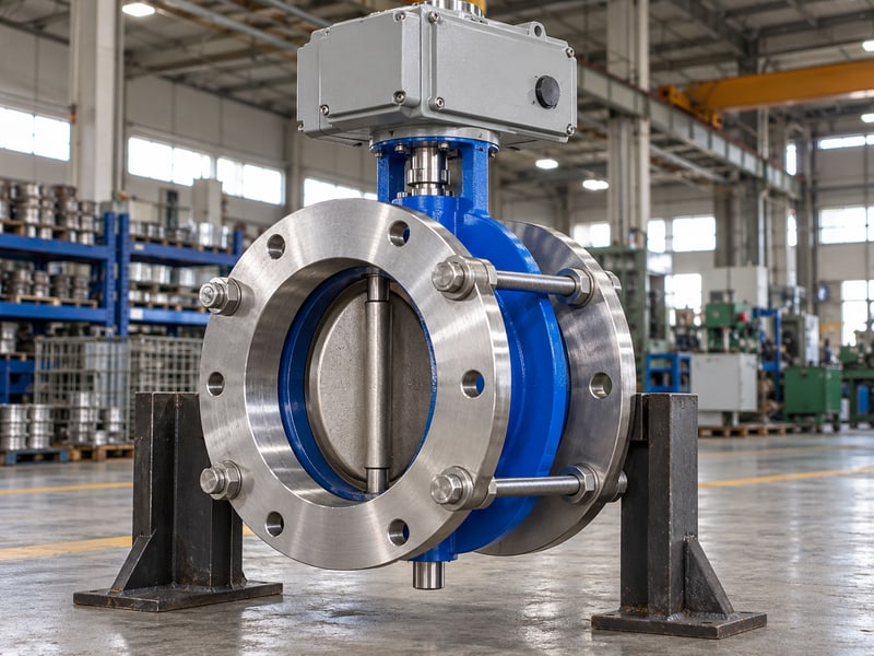 motorized wafer butterfly valve: illustrative unconnected wafer valve between open ring flanges on a supported alignment fixture