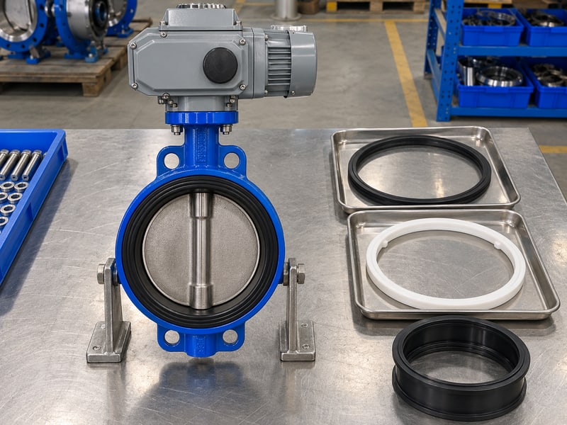 motorized wafer butterfly valve: illustrative wafer seat and separate sealing-ring profiles on individual trays