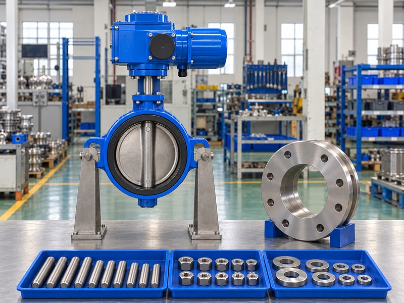 motorized wafer butterfly valve: illustrative separate studs, nuts and washers beside supported wafer assembly
