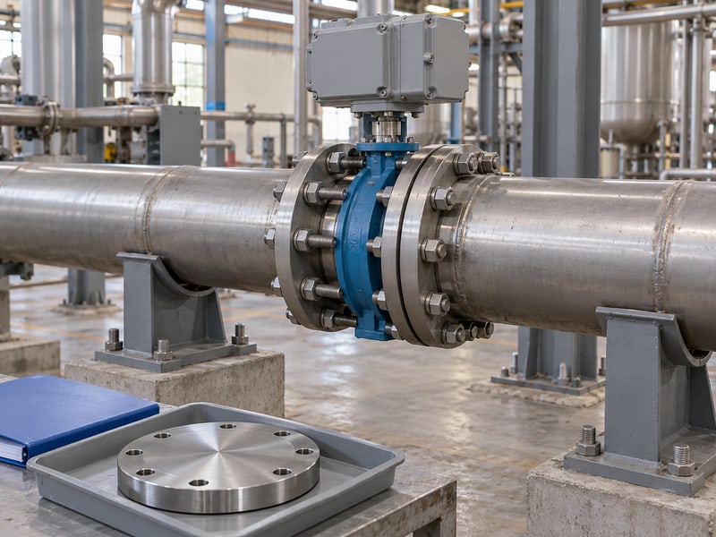 motorized wafer butterfly valve: illustrative fully retained wafer spool beside a separate uninstalled blind flange
