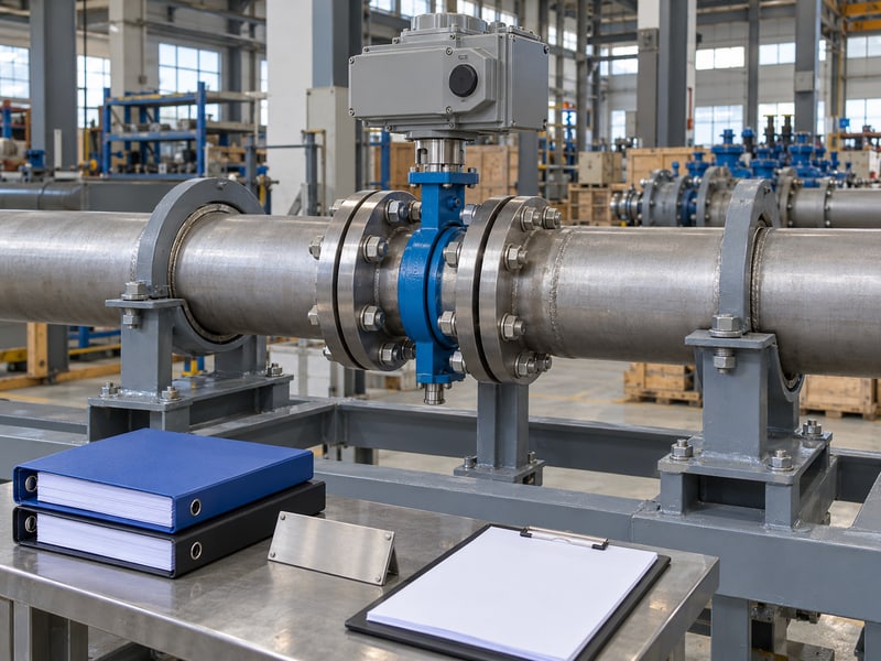 motorized wafer butterfly valve: illustrative supported installed wafer spool beside plain identification and handover folders