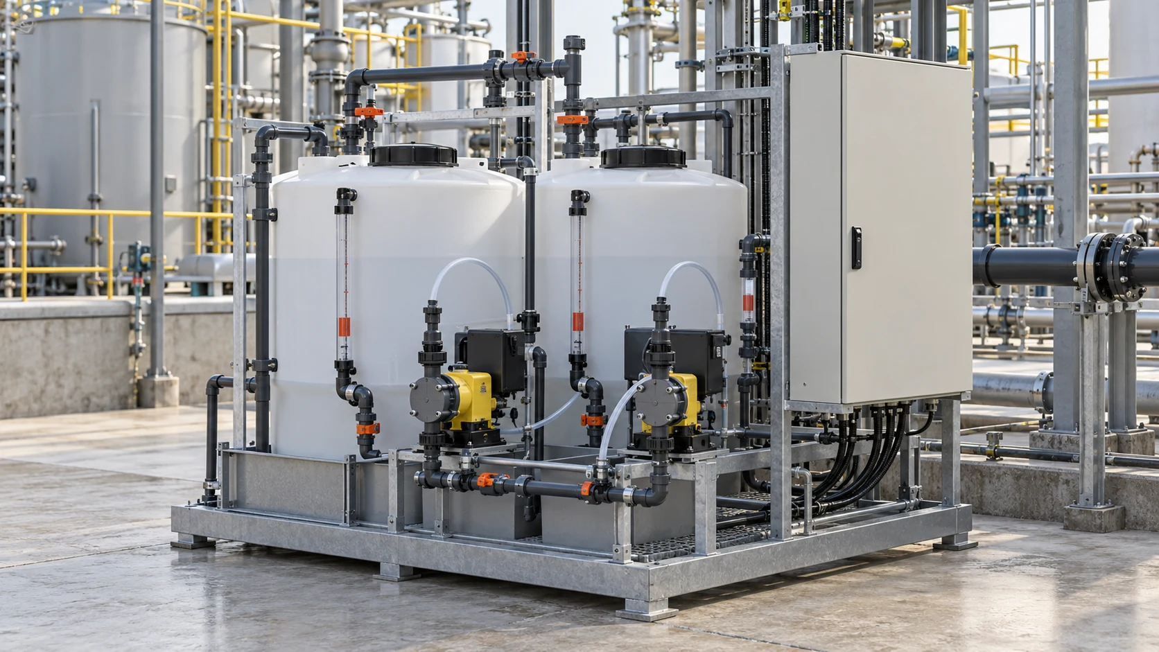 Automated chemical dosing package with reagent tanks, metering pumps, control equipment, and neatly routed tubing.
