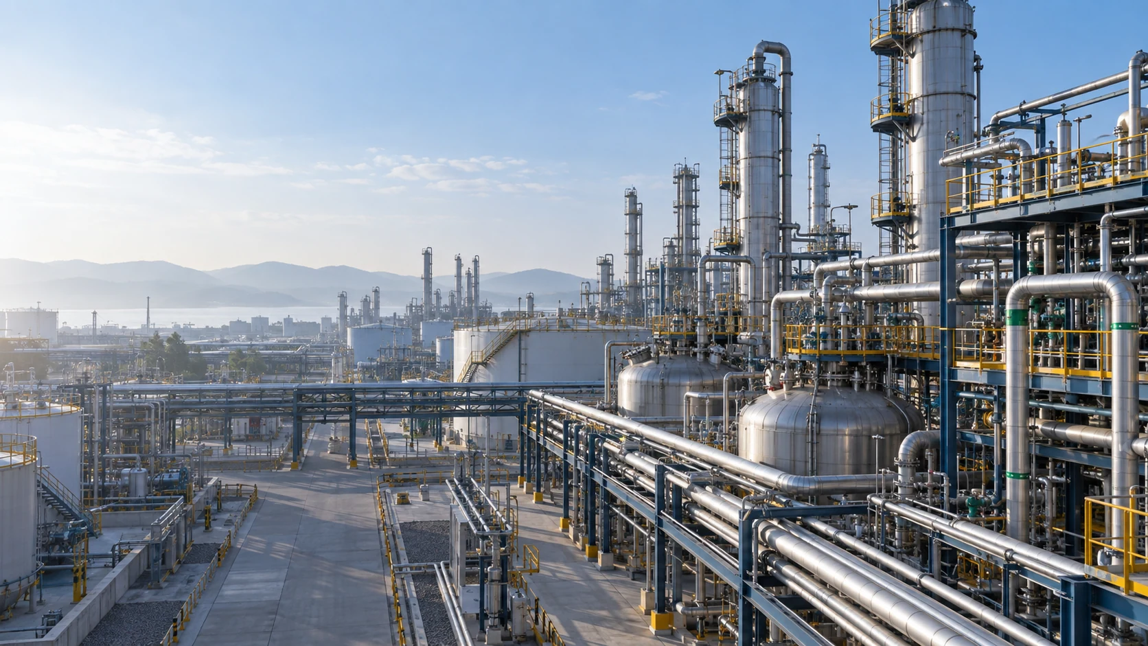 Wide view of a chemical processing plant with reactor vessels, pipe racks, and corrosion-resistant process lines.