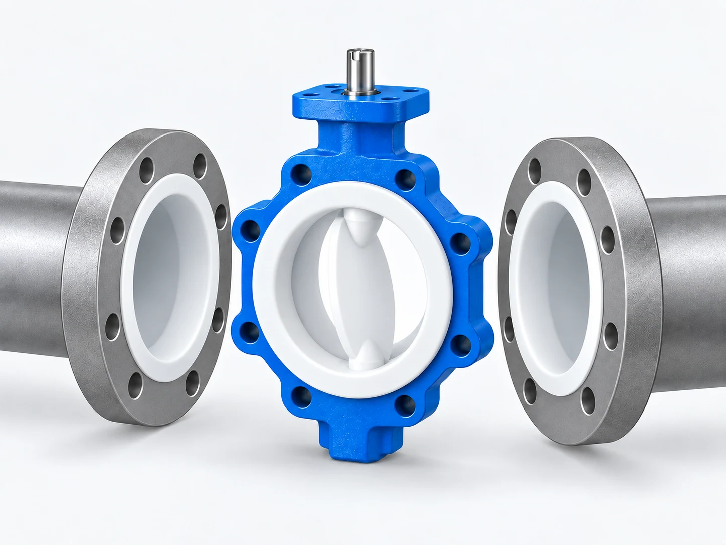 Exploded flange-interface view of a compact PFA lined butterfly valve with white lining faces and a partially open encapsulated disc between two matching lined pipe flanges.