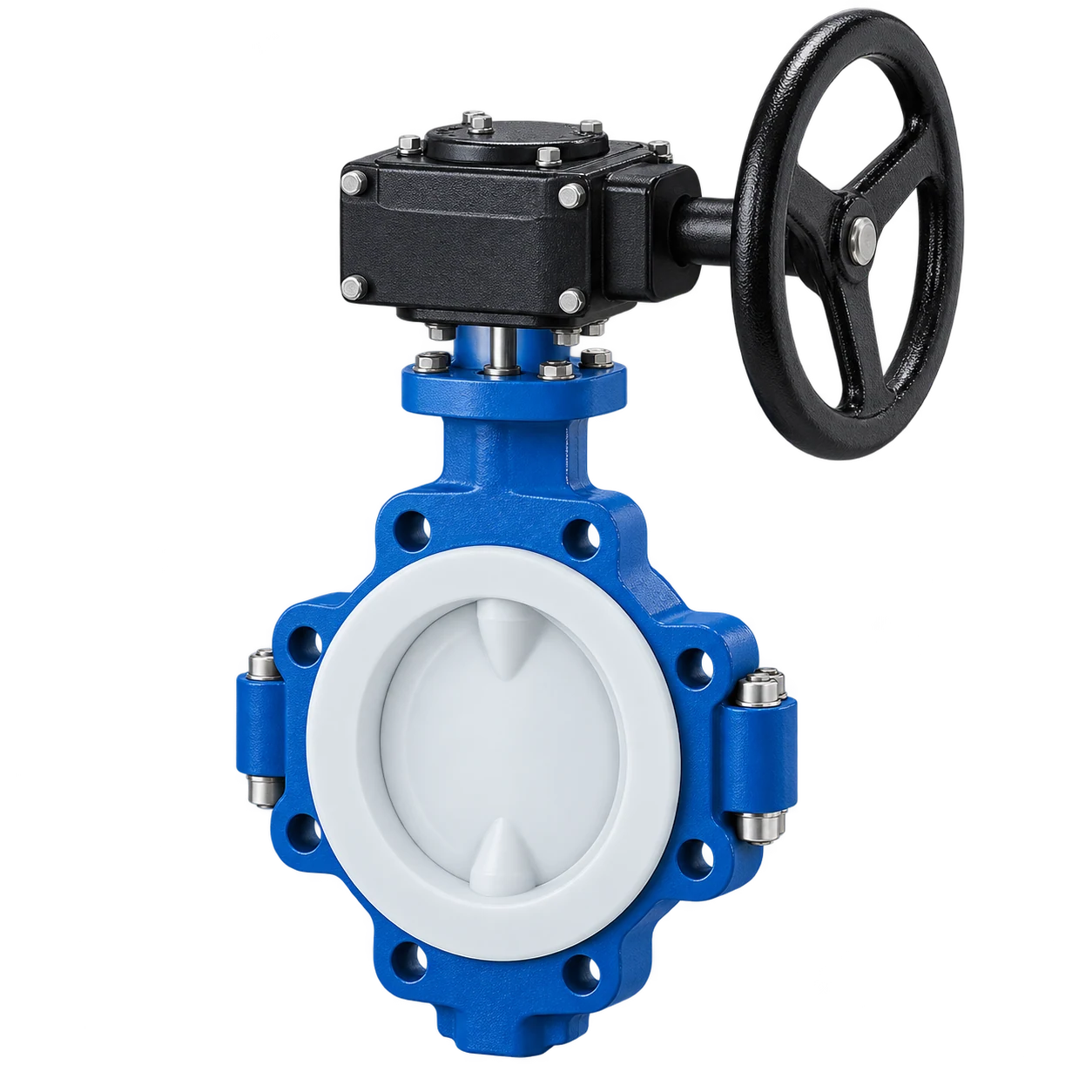 Blue PFA lined butterfly valve with a worm gearbox, continuous white body lining, and a fully encapsulated white butterfly disc.