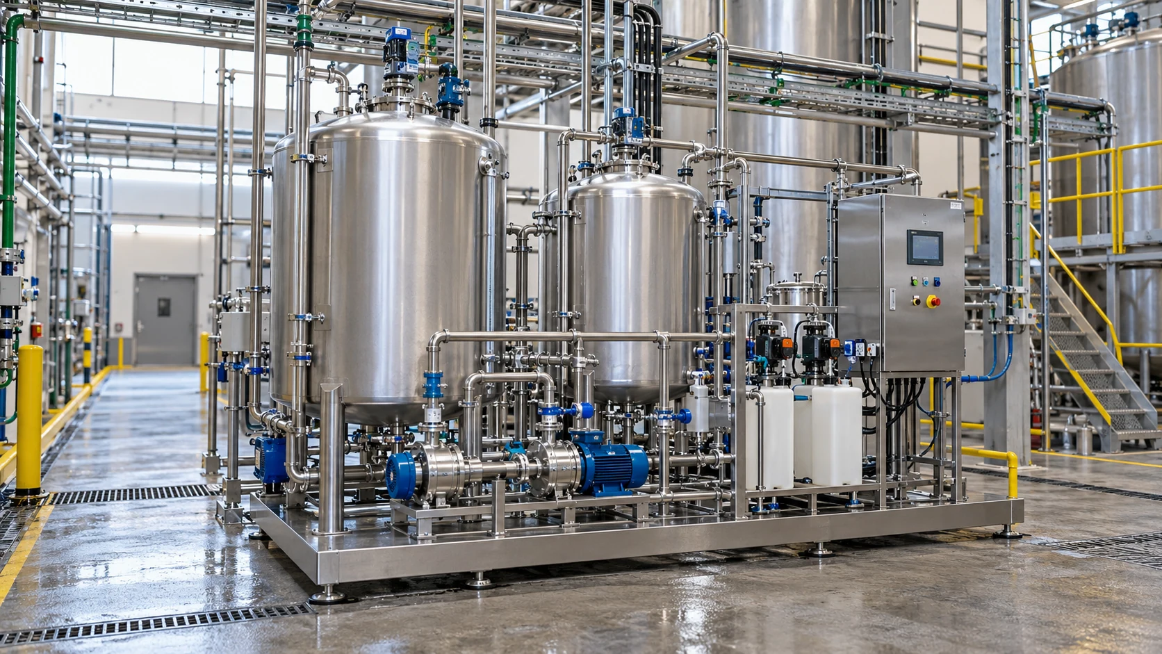 Industrial cleaning and neutralization skid with stainless-steel tanks, circulation pumps, dosing equipment, and process piping.