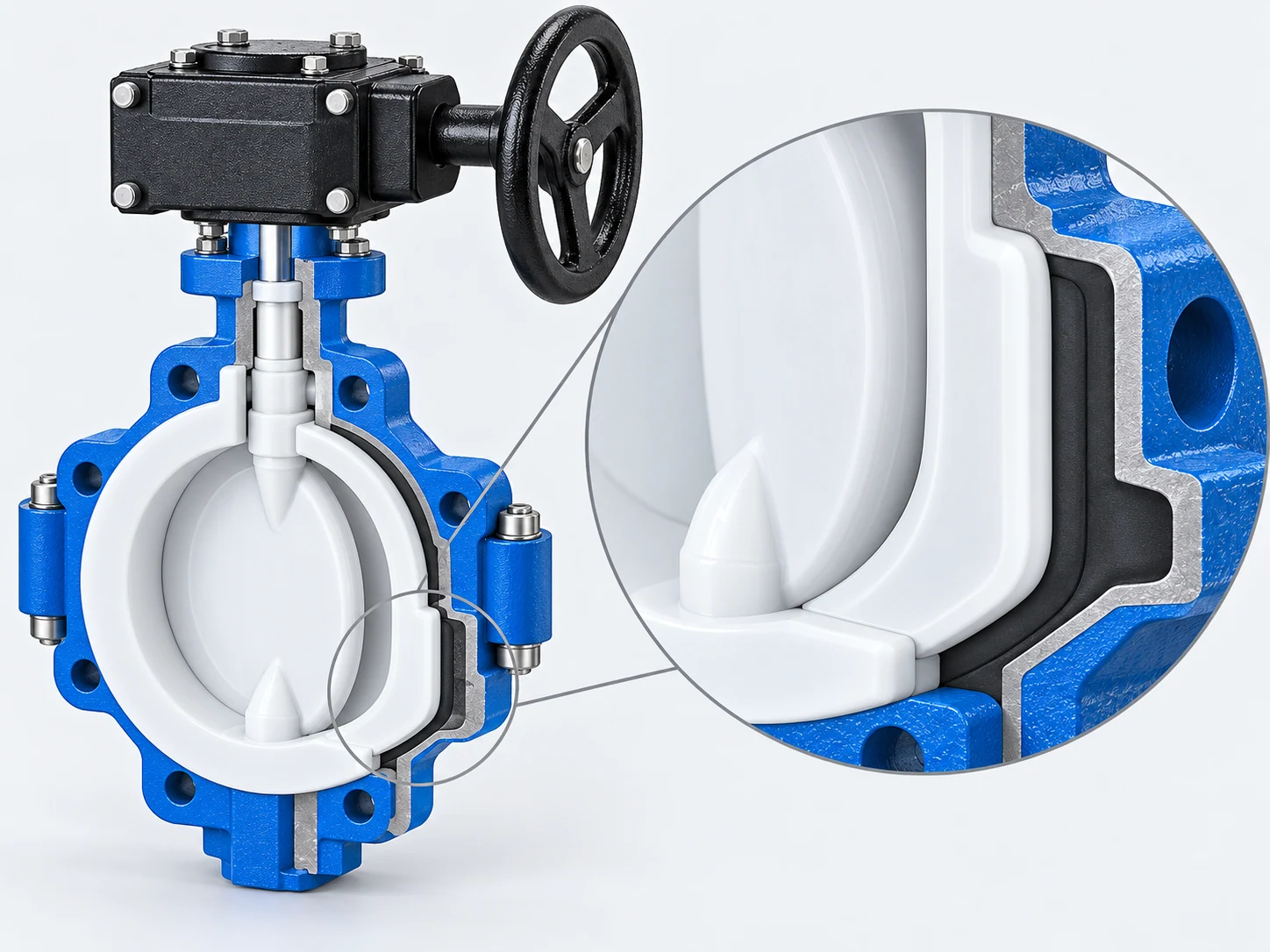 Material section of a PFA lined butterfly valve showing the white lining barrier, enclosed resilient backing, supporting metal body, and lined disc-to-seat contact.