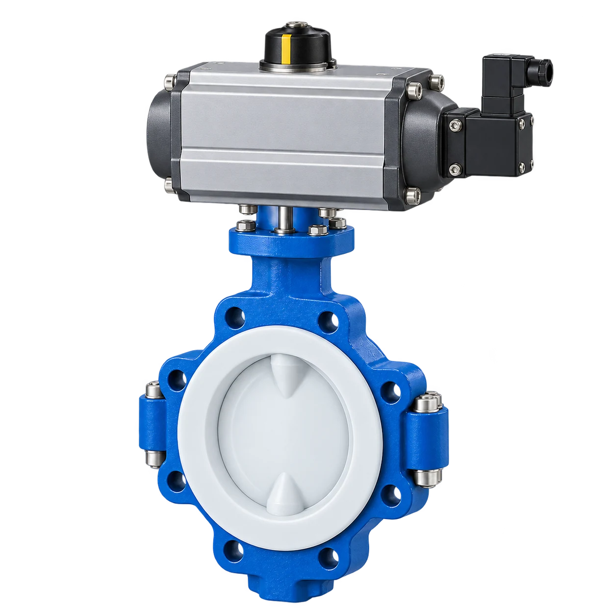 Blue PFA lined butterfly valve with a pneumatic quarter-turn actuator and fully white fluoropolymer-lined body and encapsulated disc.