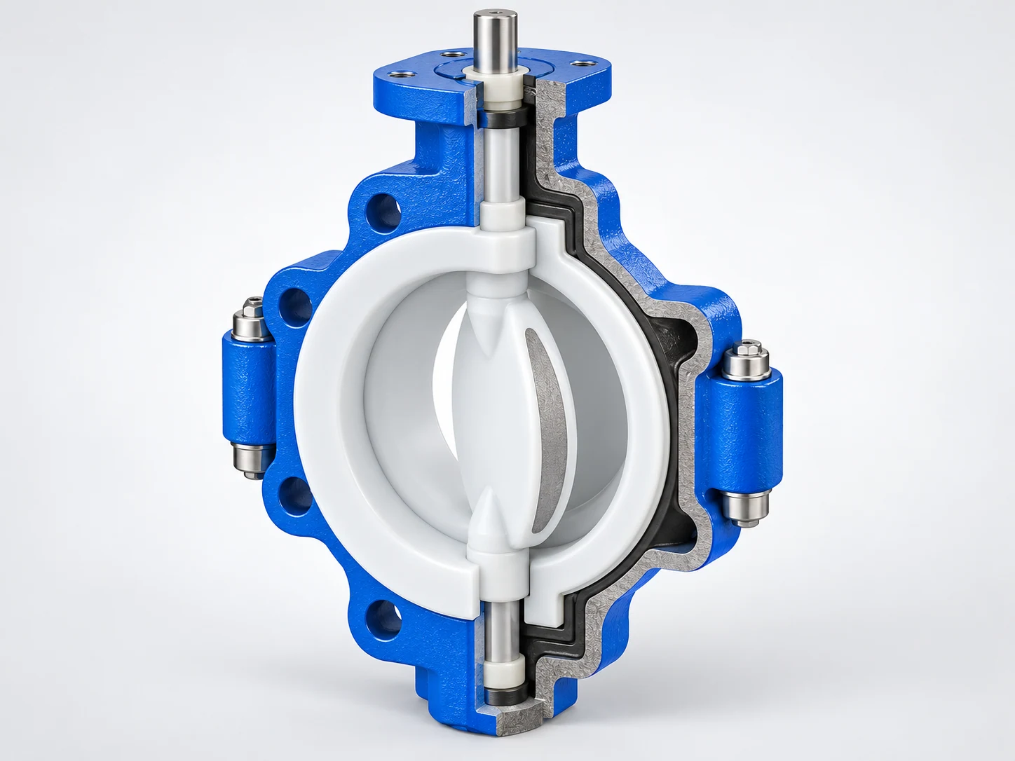 Sectional view of a PFA lined butterfly valve showing the continuous lining, encapsulated disc core, shaft sealing area, and supporting body.
