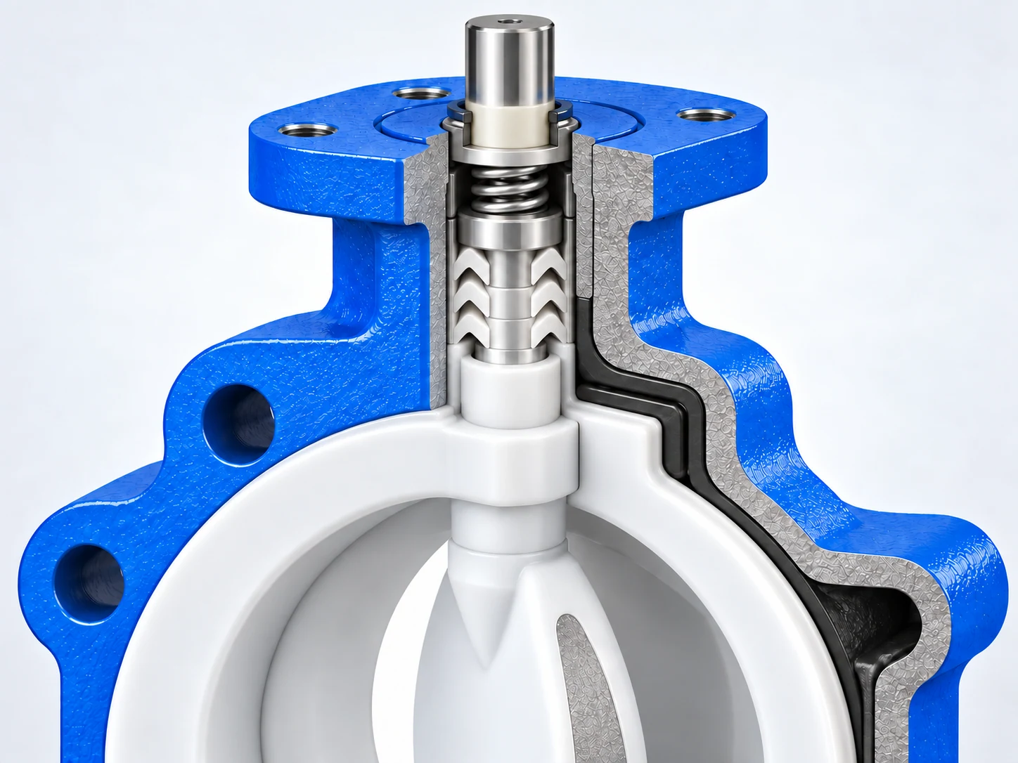 Sectional detail of a PFA lined butterfly valve showing the lined disc-hub seal, downward-facing chevron packing, gland preload, and flange-face lining.