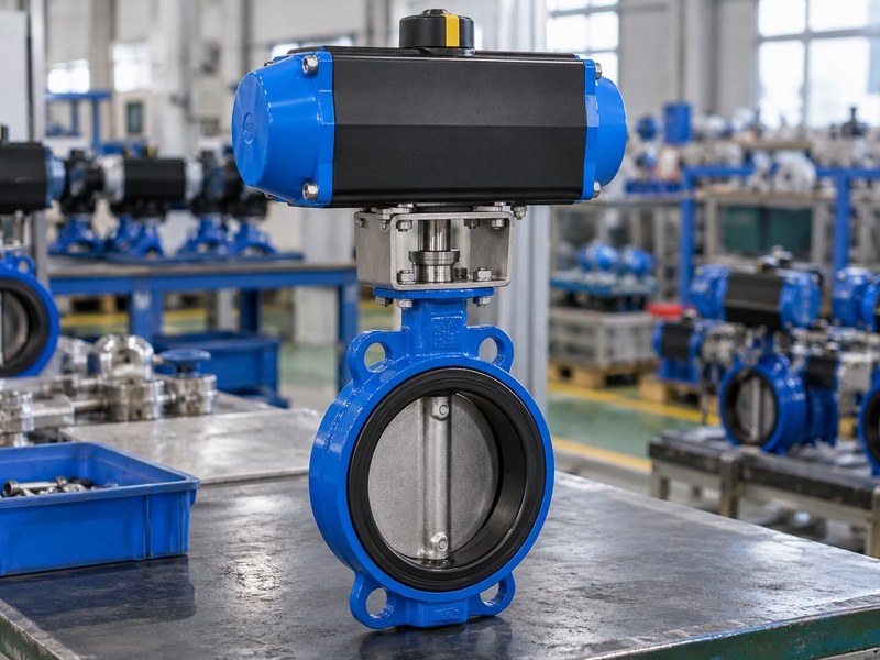 pneumatic butterfly valve manufacturers: pneumatic valve assembly with an aligned top drive.