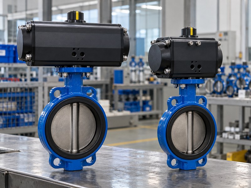 pneumatic butterfly valve manufacturers: two actuator housings for configuration comparison.