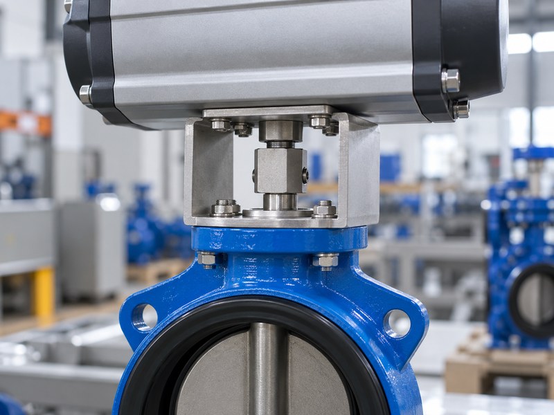 pneumatic butterfly valve manufacturers: bracket and coupling aligned with the valve shaft.