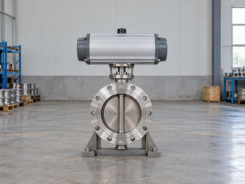 Complete pneumatic triple eccentric butterfly valve on a stable workshop support