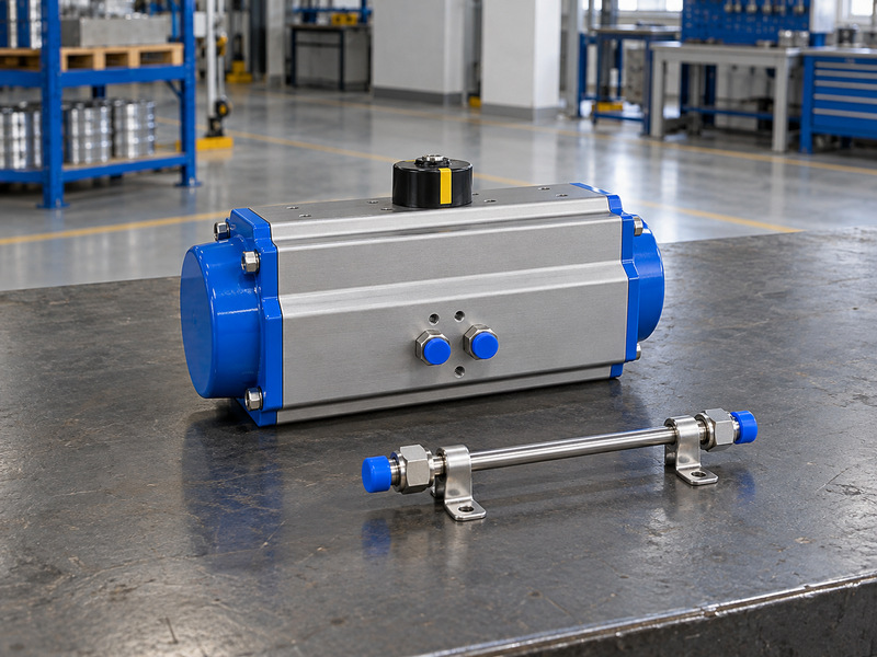 Closed pneumatic actuator beside a short supported air-supply tubing arrangement